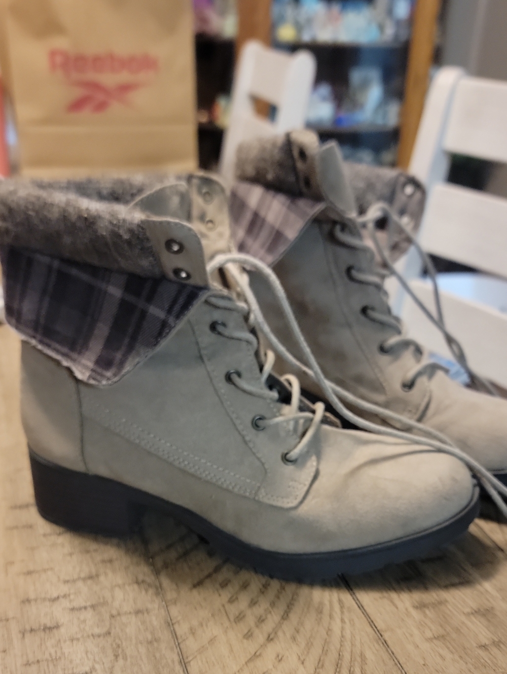 Brash Gray Lace-Up Ankle Boots with Plaid Cuff